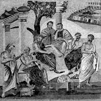 Ancient Roman mosaic depicting several men in togas learning under a tree.