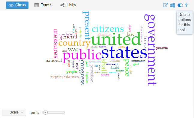 Voyant Tools interface highlighting the gear icon in the Cirrus word cloud, which opens a settings menu. This menu allows users to modify the appearance and filtering options of the word cloud.