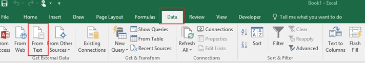 Excel interface showing the steps to import data from a text file. The 'Data' tab is selected, with the 'From Text File' option highlighted to begin the import process.