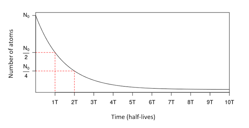 Line graph showing the exponential decay of radioactive atoms over time. The x-axis displays the number of half-lives; the y-axis displays the number of atoms. From the upper-left side of the graph, the curve decreases steeply then flattens as the number of half-lives increase. Dotted lines on the graph indicate that at 2T, there remains only a quarter of the initial quantity of atoms.