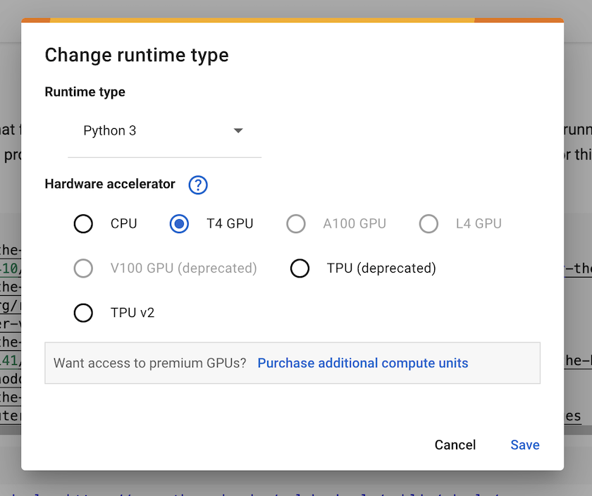 Capture d'écran montrant l'option de choix du matériel pour l'exécution du code