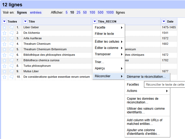 Capture d'écran montrant le menu déroulant des colonnes menant à la fonction de réconciliation.