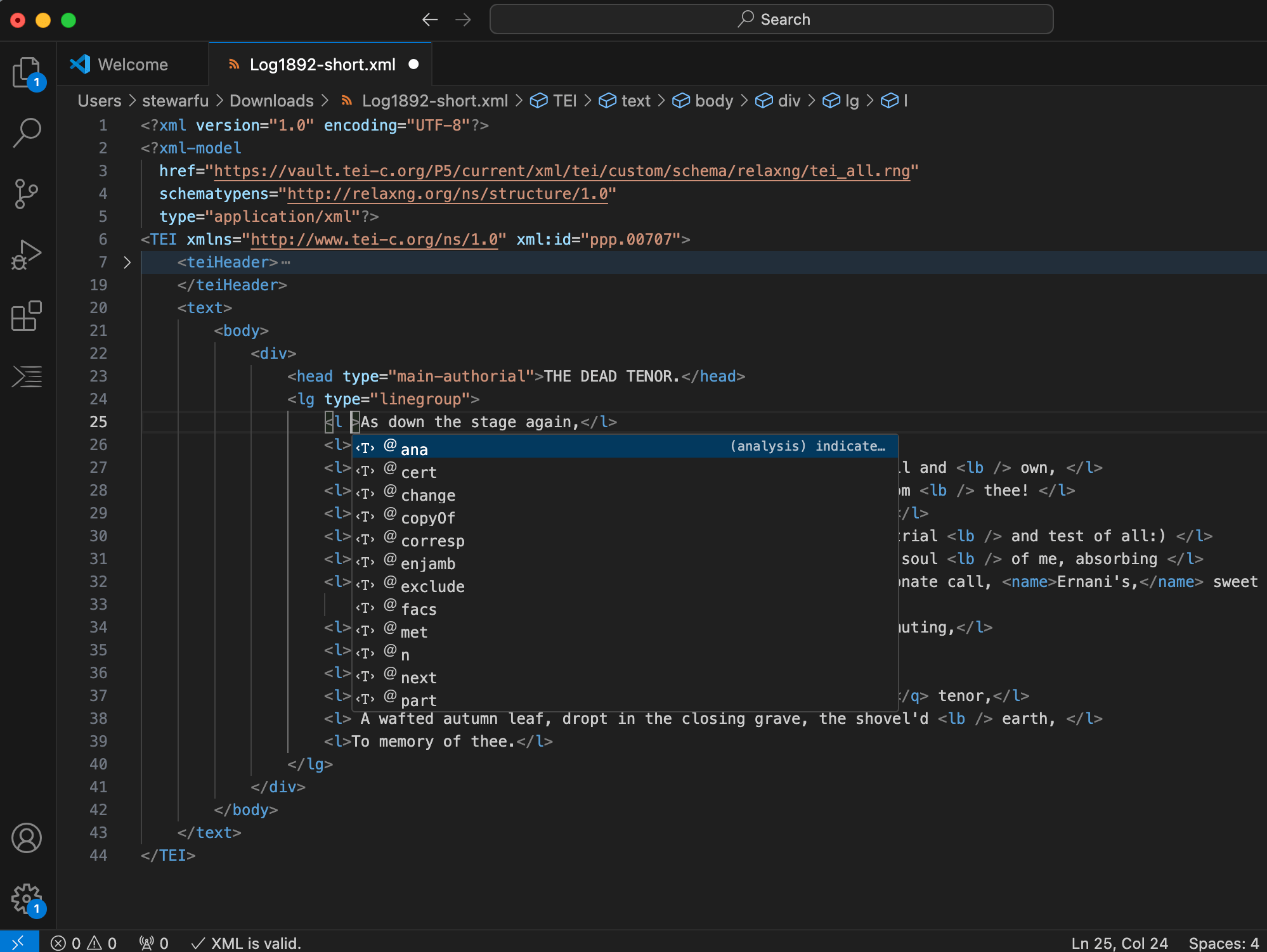 Popup menu of attributes that appears after beginning to type an element