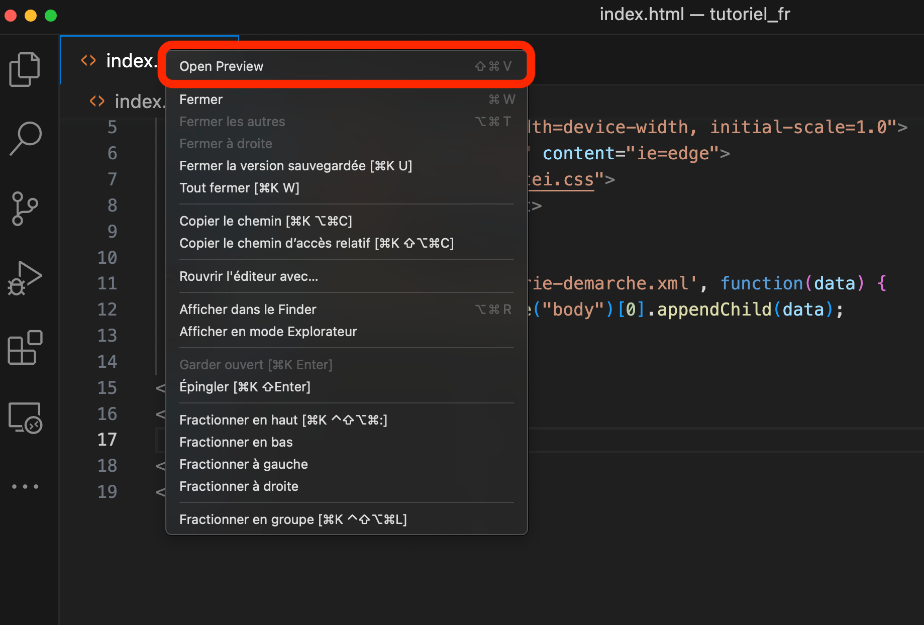 Capture d'écran qui montre l'option à choisir dans le menu déroulant qui s'ouvre en faisant un clic droit sur le fichier HTML.
