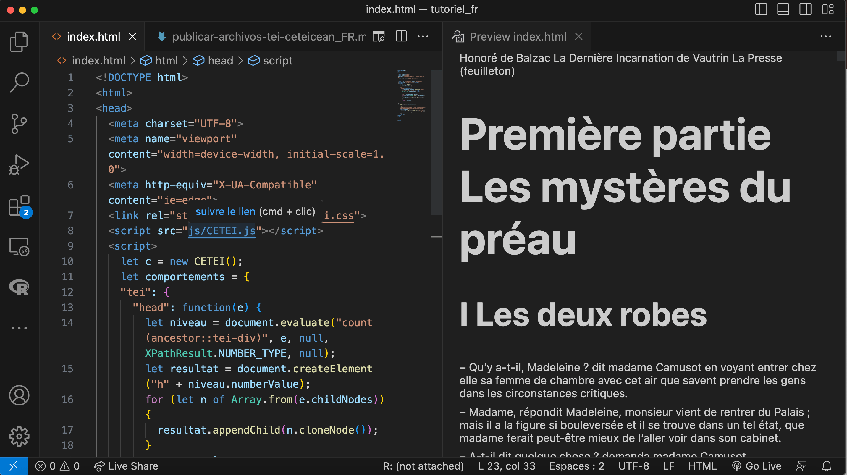 Capture d'écran qui montre le fichier HTML sur le côté gauche et la prévisualisation de notre fichier TEI où on peut voir les titres en gras et en plus grande taille selon le niveau du titre sur le côté droit.