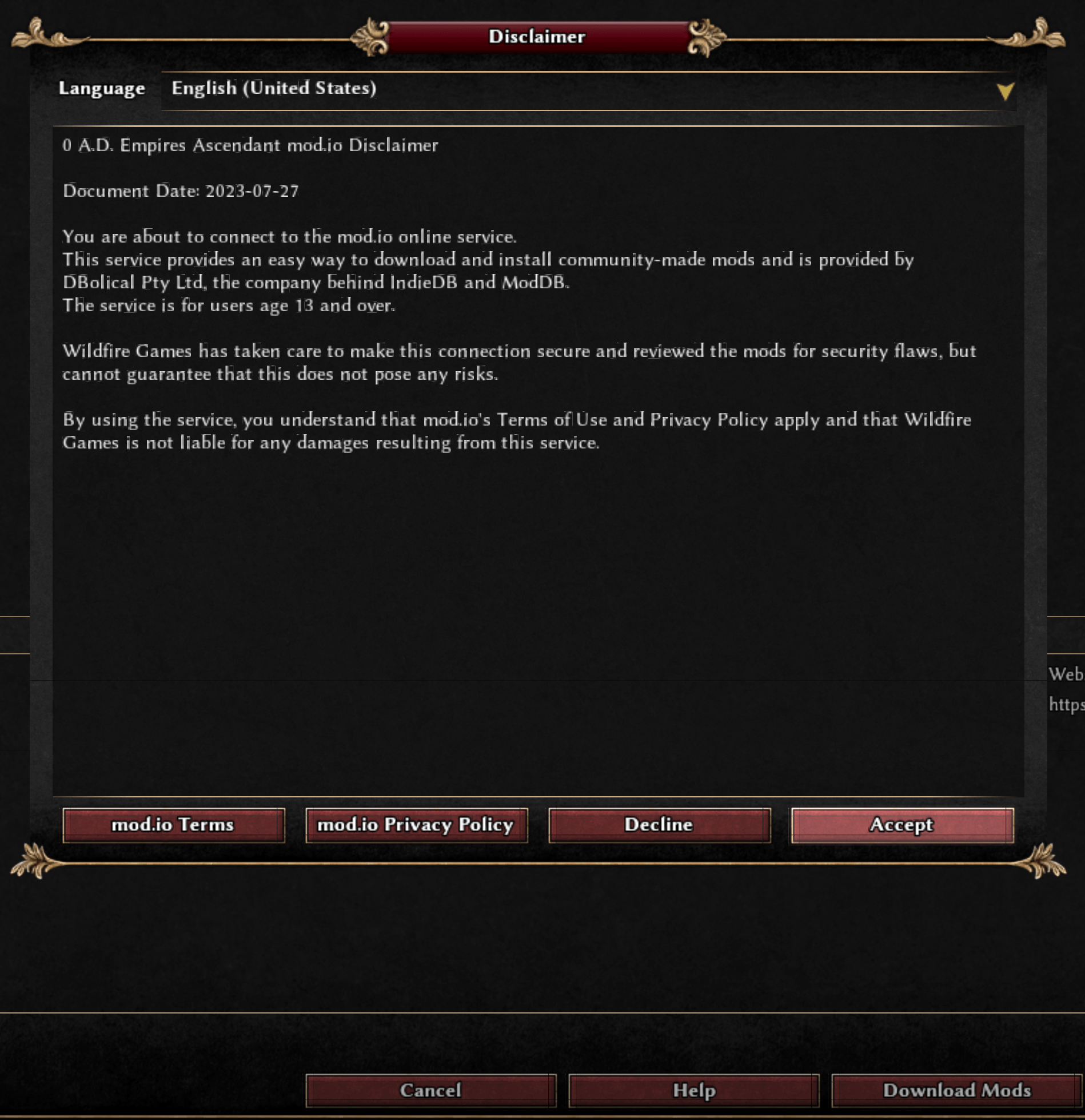 Accepting mod.io's Terms of Service in order to download mods automatically in-game.